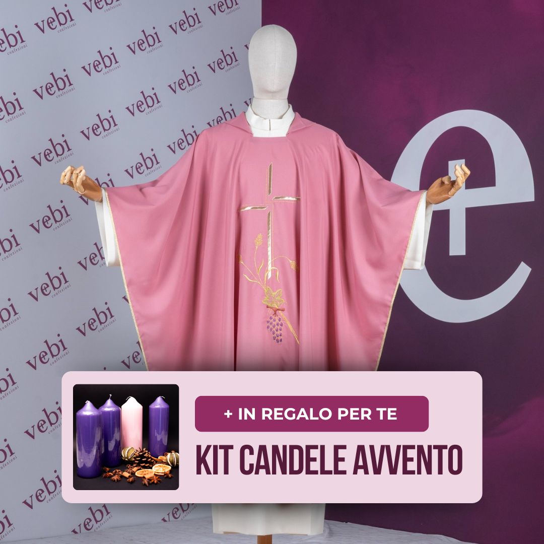 Casula Rosa con Ricamo Croce Spiga Uva+ Kit candele avvento