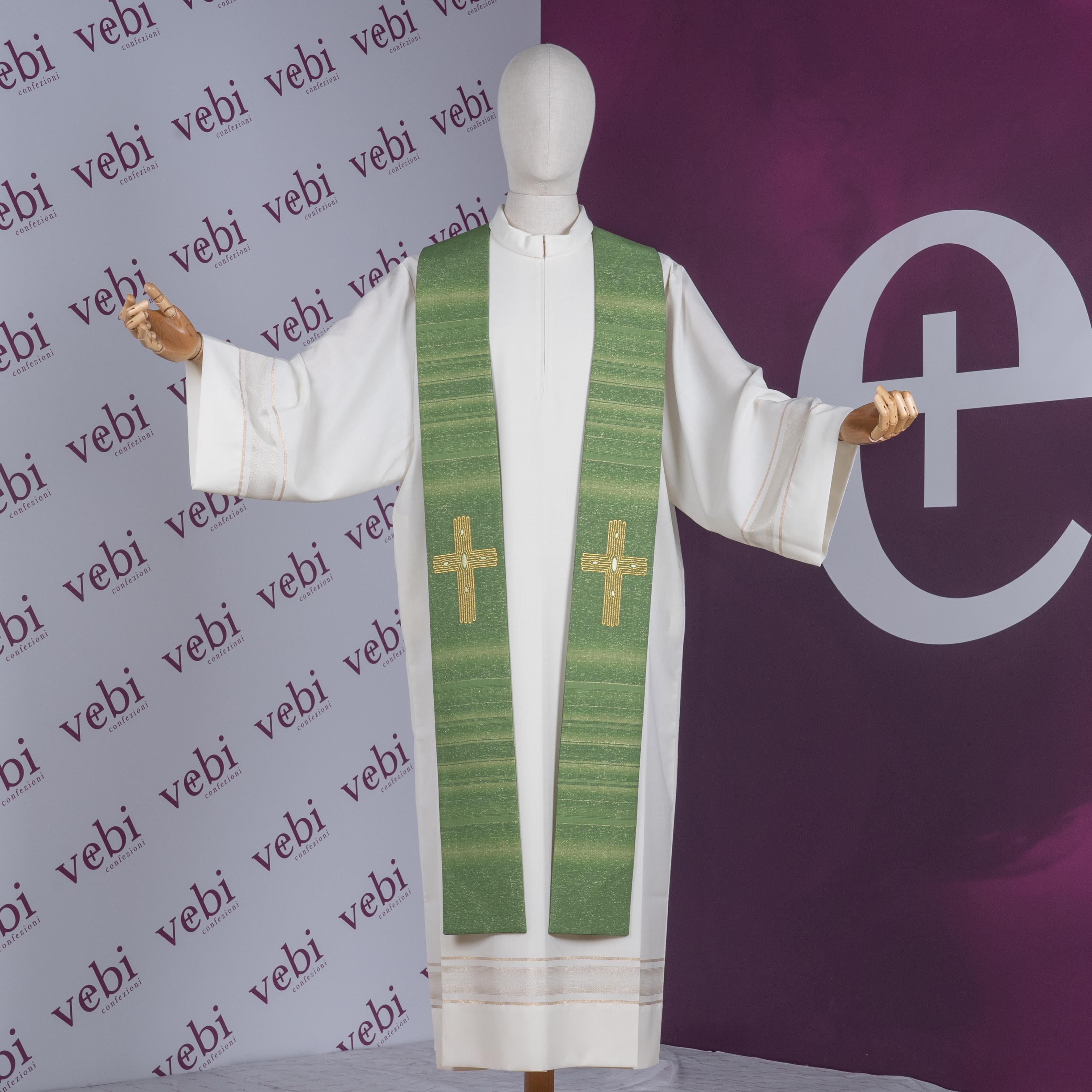 Stola in Lana-Seta e Lurex con Croce Effetto Legno (Disponibile Colori Liturgici)