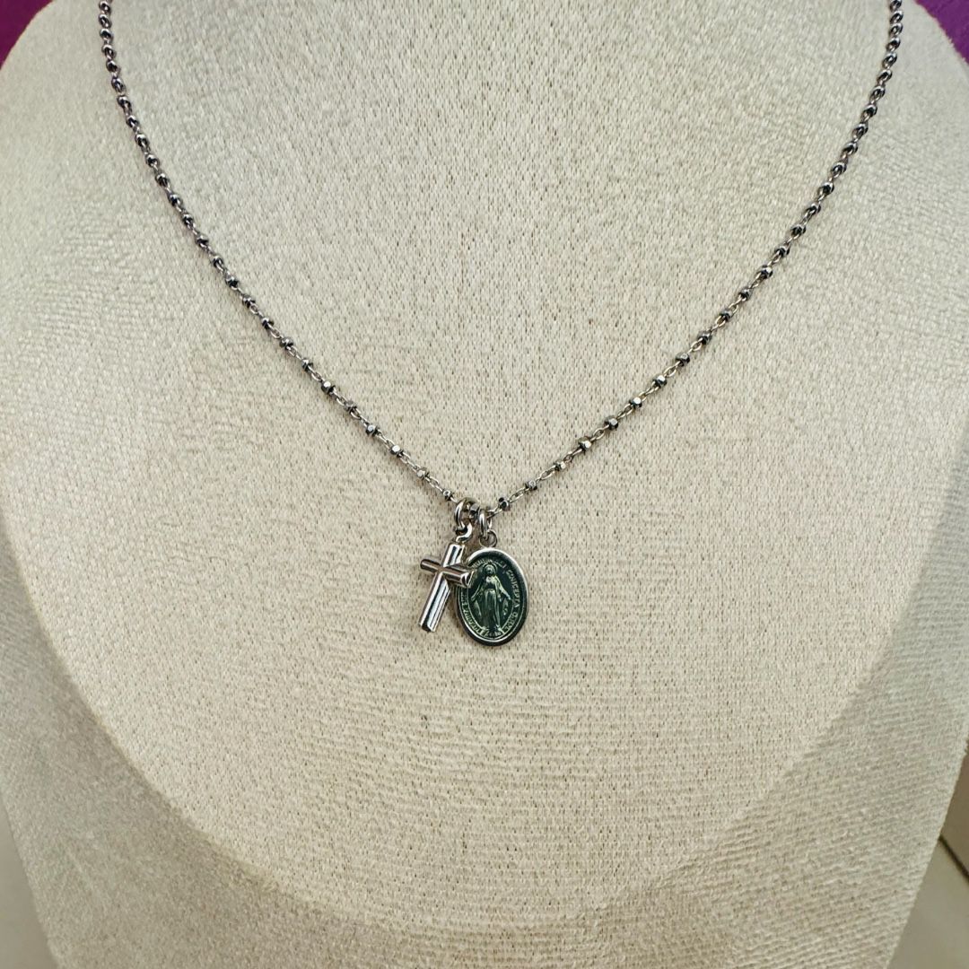 Collana in Argento con Medaglia Miracolosa Smaltata Rosa o Verde CON Croce Argentata