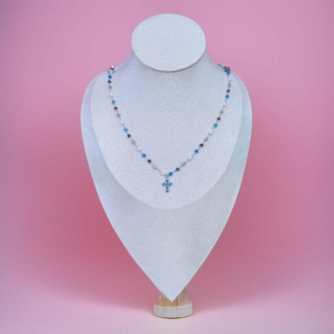 Collana in Argento e Swarovski con Croce Cristalli Azzurri