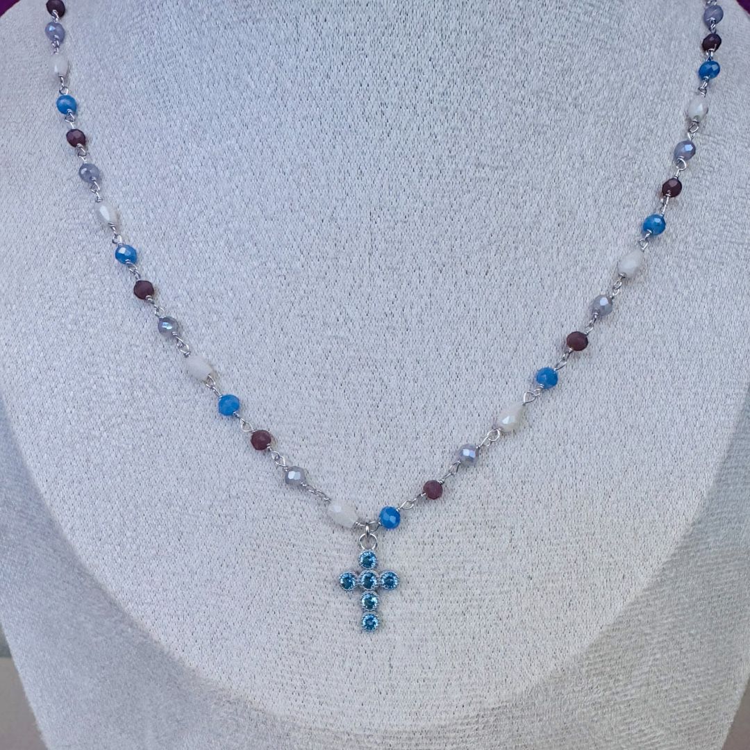 Collana in Argento e Swarovski con Croce Cristalli Azzurri