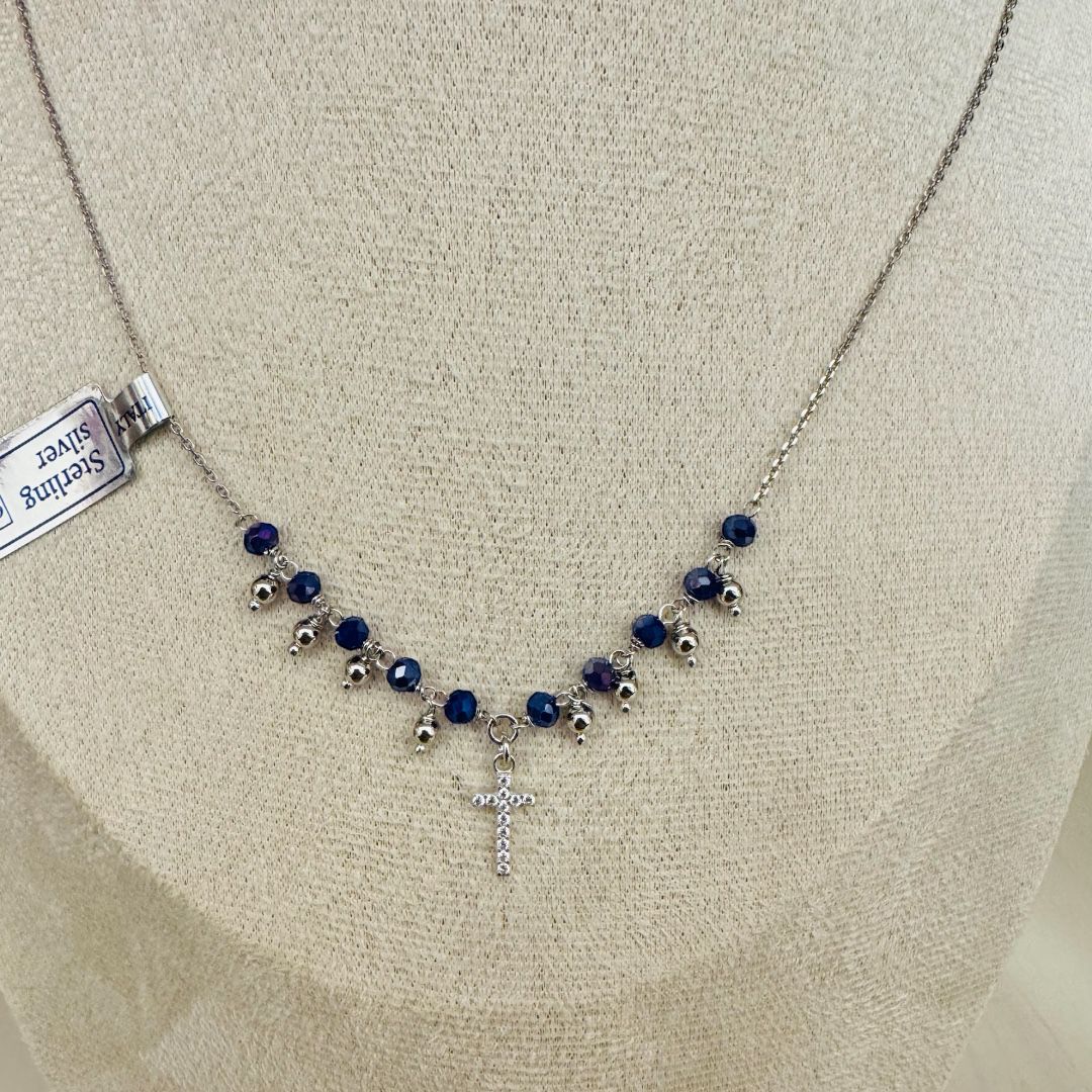 Collana Decina in Argento e Cristalli Blu o Bianchi con Croce Zirconi