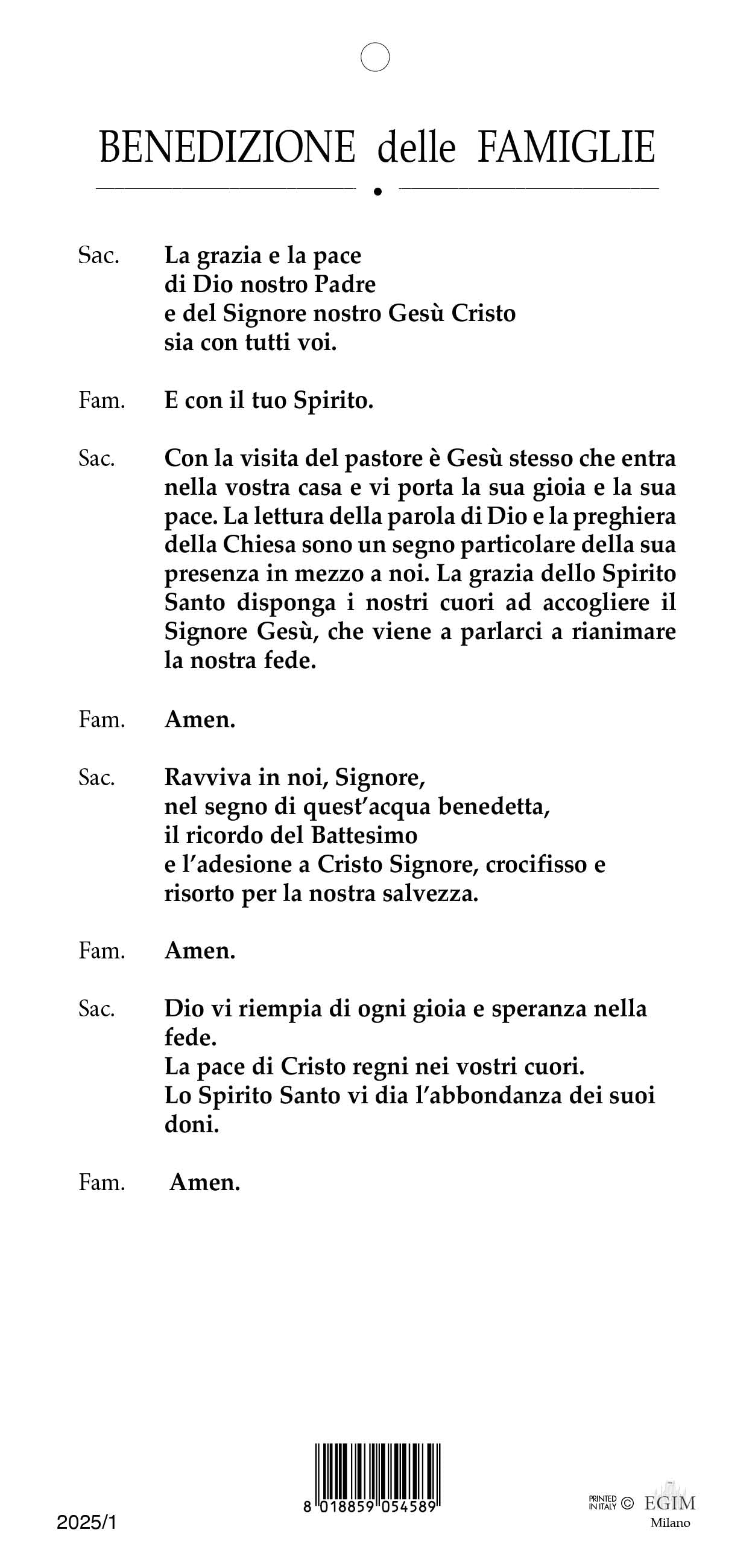 Cartoncino Benedizione con la Sacra Famiglia 100 Pezzi