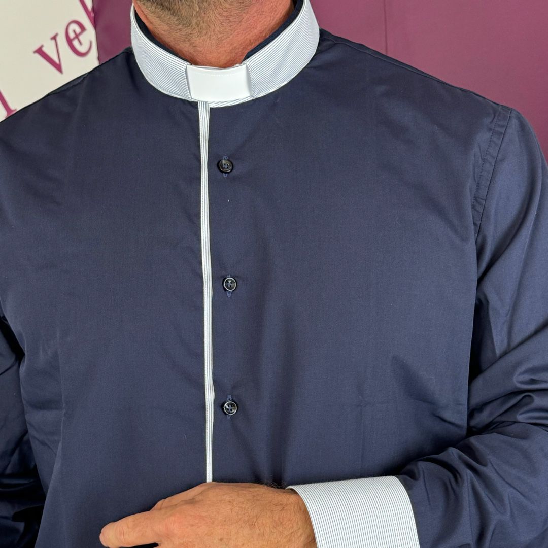 Camicia da Sacerdote Blu Manica Lunga Collo Clergy in Misto Cotone