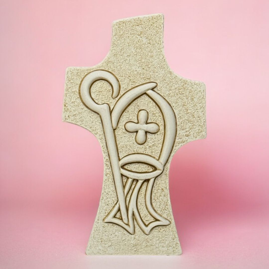 Croce Cresima in resina Effetto Pietra con Soggetto Sacramenti 5,5 x 9,5 cm